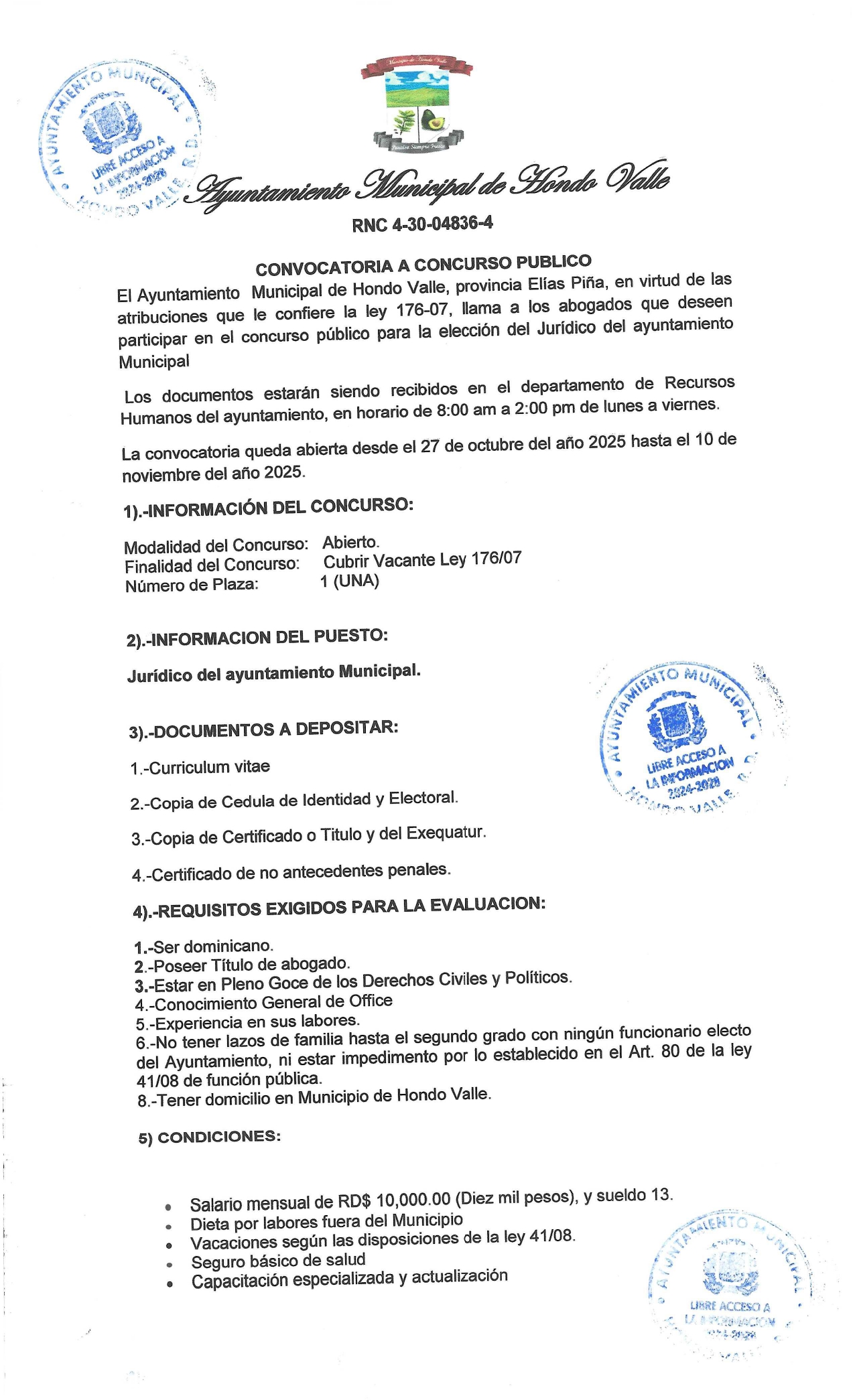 Concurso público para la elección del Jurídico del ayuntamiento Municipal Hondo  Valle